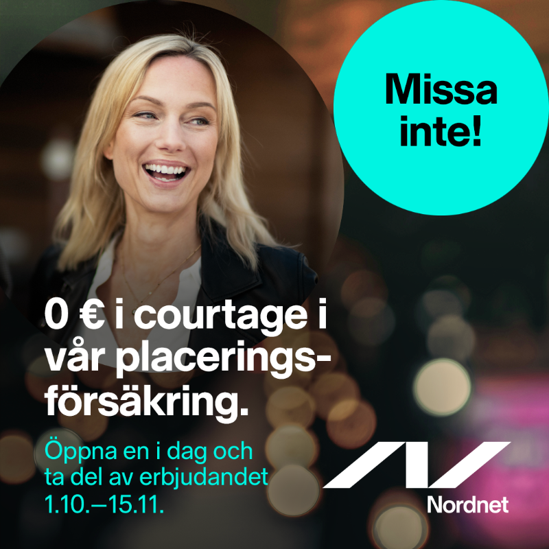 nordnetFI's tweet photo. Juhlistaaksemme Nordnet Sijoitusvakuutuksen ensimmäistä vuotta tarjoamme pörssisijoitukset sijoitusvakuutuksessa ilman välityspalkkiota. För att fira Nordnet Placeringsförsäkringens första år bjuder vi på fritt courtage för börsinvesteringar som görs i placeringsförsäkringen. 🎉