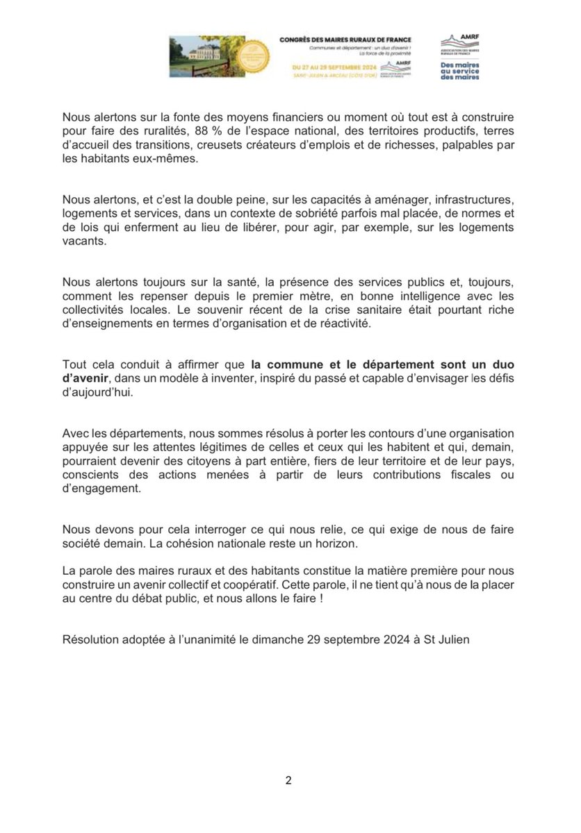 Très belle résolution finale des <a href="/Maires_Ruraux/">AMRF</a> suite leur congrès en Côte-d’Or. Notre République s’est historiquement fondée sur le couple commune - département…Ce duo d’avenir est le seul capable d’envisager les défis d’aujourd’hui et de demain.