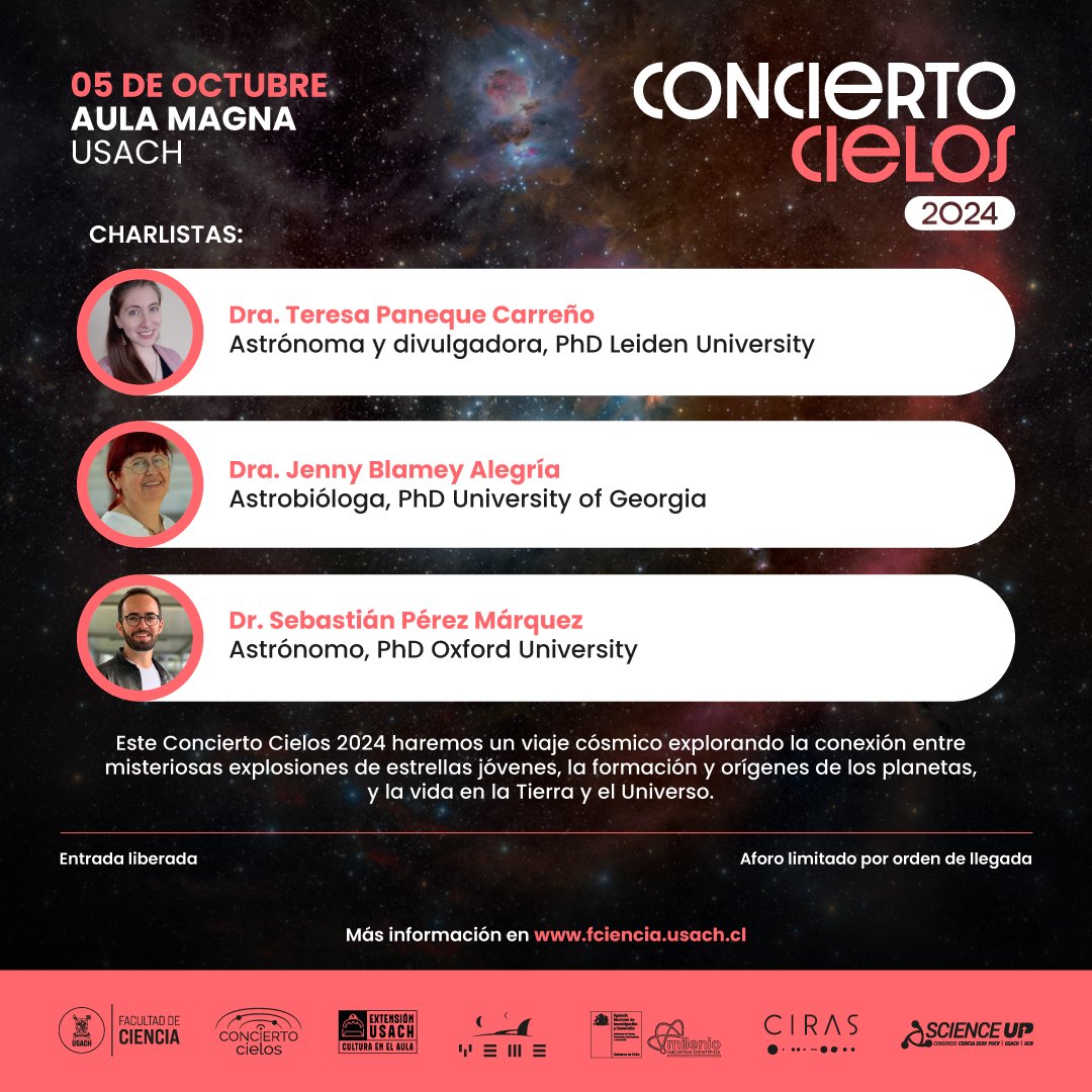 ¡No te pierdas #ConciertoCielos este sábado 5 de octubre a las 18:00 cerrando el #FestivalDeCiencia 2024! 🎶

Conoce a l@s expert@s de este viaje cósmico:
🌟 <a href="/terepaneque/">Teresa Paneque Carreño💫</a>
🌟 Dra. Jenny Blamey
🌟 Dr. Sebastián Pérez

🎟️ Entrada gratis: bit.ly/3TGsaSk
📍Aula Magna, Usach