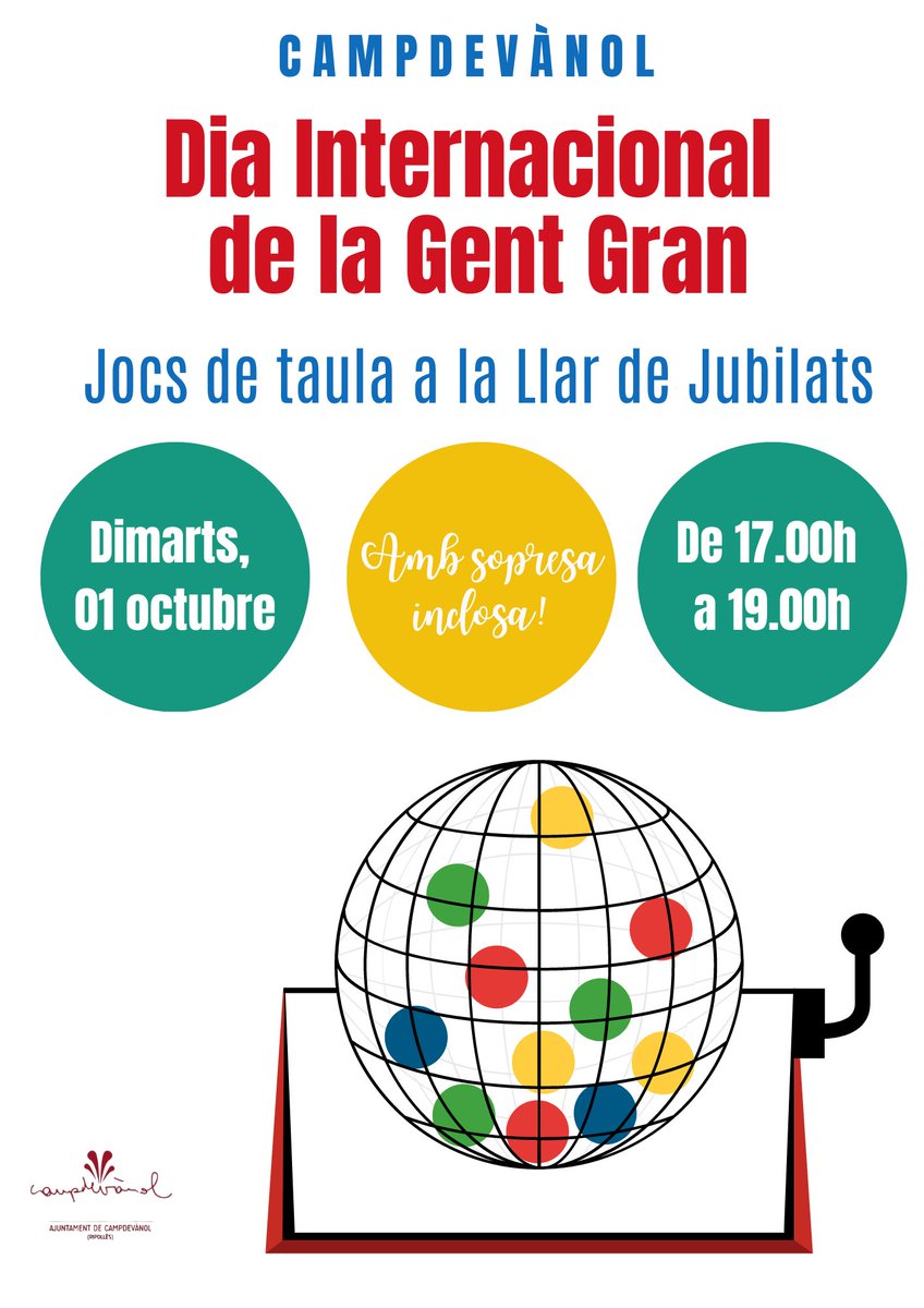 ￼📌Aquest dimarts 01 d’octubre és el Dia Internacional de la Gent Gran
￼
￼🧩🎲♟️Hem preparat una tarda de jocs de taula a la Llar de Jubilats 
￼
🎁Amb sorpresa inclosa!
￼
📅Dimarts, 01 octubre
￼
🕔De 17h a 19h
￼
📍Llar de Jubilats

Us hi esperem!