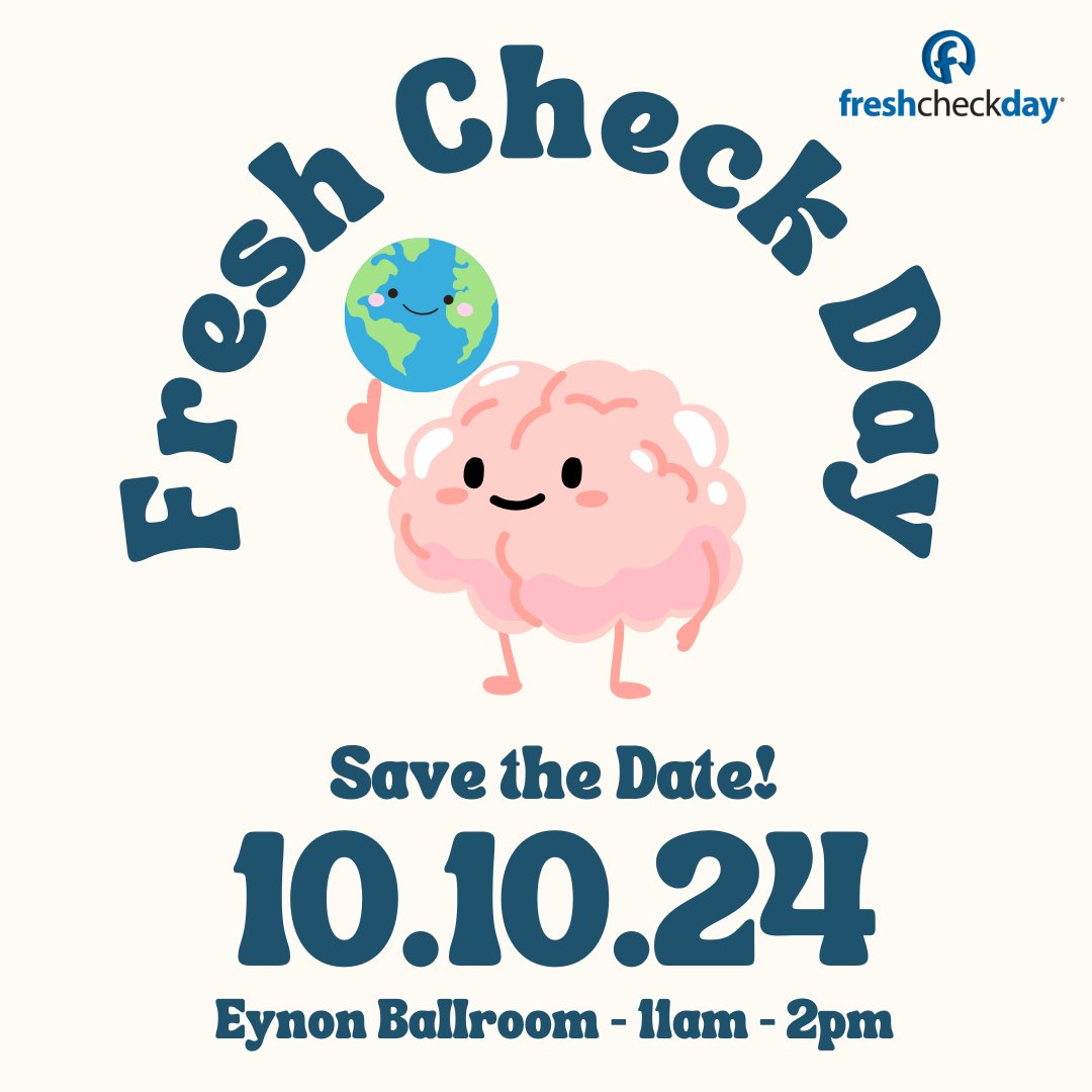Join us for the Annual Fresh Check Day on Thursday, October 10th, along with World Mental Health Day! Explore many of our wonderful campus partners while gaining mental health knowledge, resources, and support!  Giveaways, snacks, and more!  #FreshCheckDayRowan