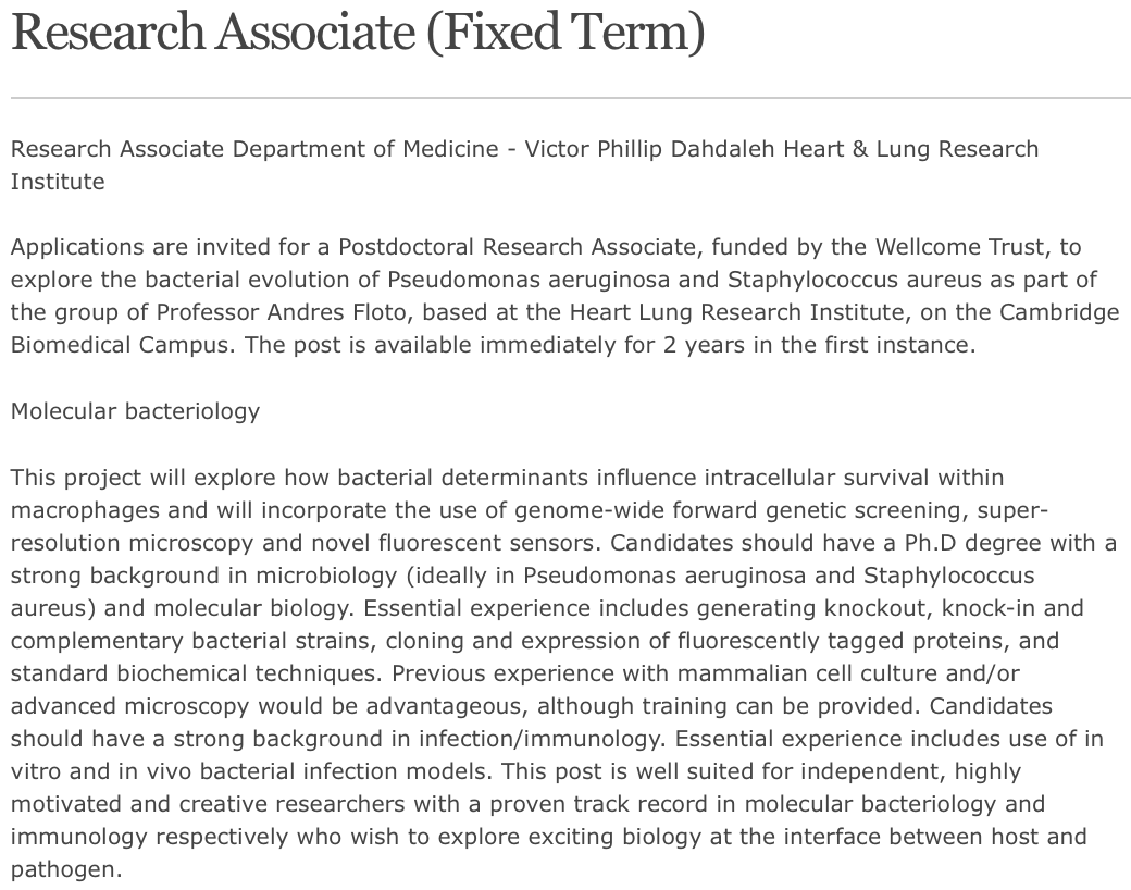 Are you a postdoc interested in bacterial evolution? This role with <a href="/flotocambridge/">Floto Group</a> may be of interest:
jobs.cam.ac.uk/job/48386/
6/6