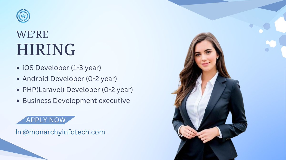 MonarchyIT's tweet image. Hello....Everyone.....
We are hiring for below position
#iOS_Developer (1-3 year)
#Android_Developer (0-2 year)
#PHP_Laravel_Developer (0-2 year)
#Business_Development_Executive
If interested candidate kindly share your CV at hr@monarchyinfotech.com