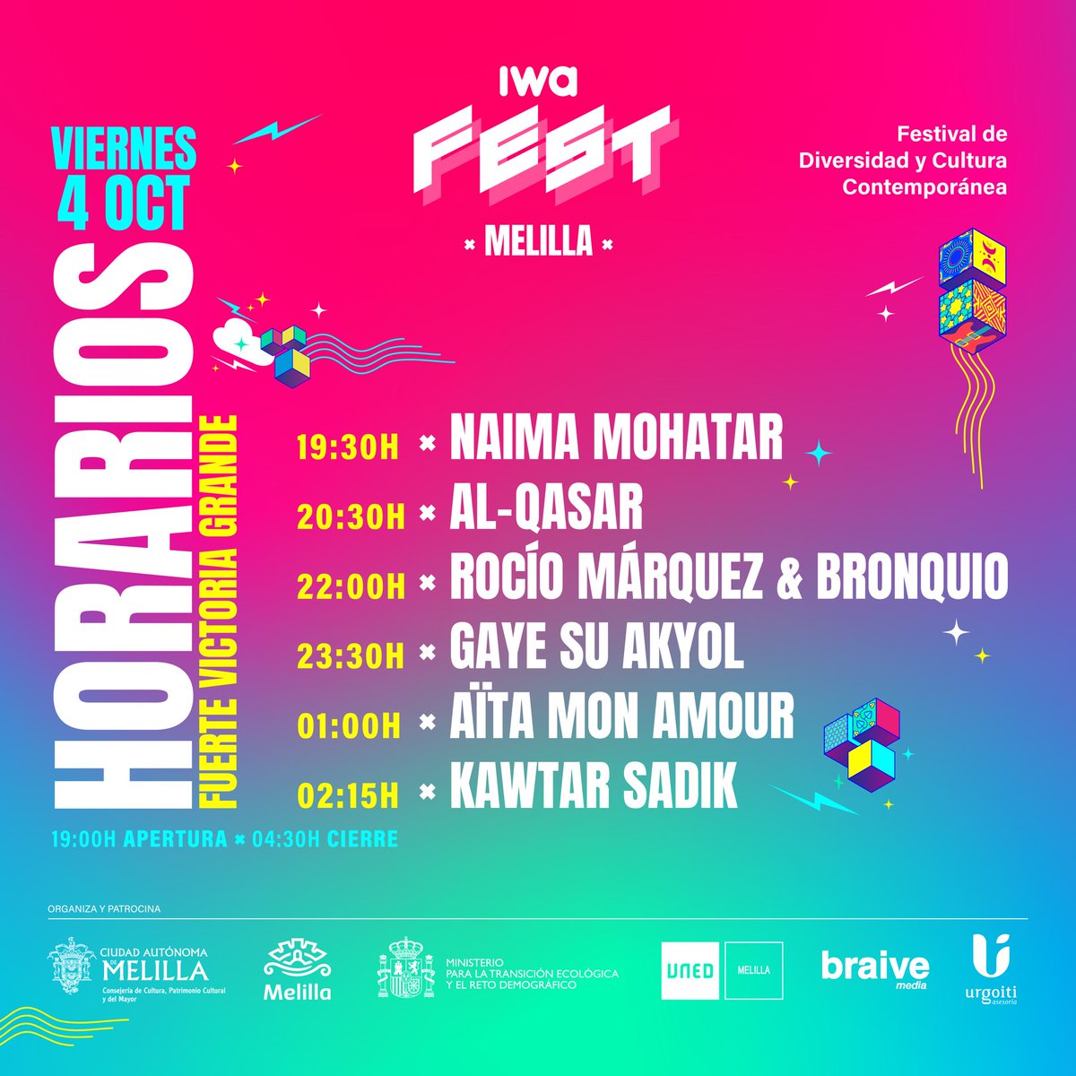 IwaFest's tweet photo. ¡Está aquí! Presentamos tu horario completo para dos días maravillosos (y noches) en la costa mediterránea. Tened en cuenta que las entradas para Iwa Fest 2024 están volando. Solo faltan unos días - no podemos esperar para celebrar la diversidad en Melilla. #IwaFest24 https://t.co/kA0P5wlmty