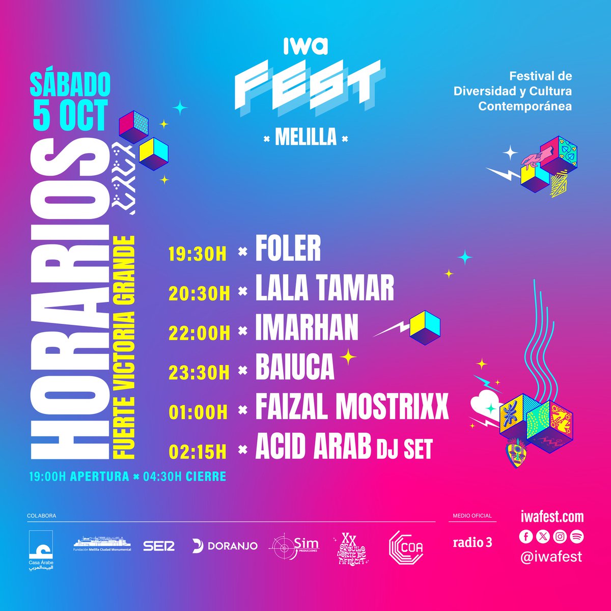 IwaFest's tweet photo. ¡Está aquí! Presentamos tu horario completo para dos días maravillosos (y noches) en la costa mediterránea. Tened en cuenta que las entradas para Iwa Fest 2024 están volando. Solo faltan unos días - no podemos esperar para celebrar la diversidad en Melilla. #IwaFest24 https://t.co/kA0P5wlmty