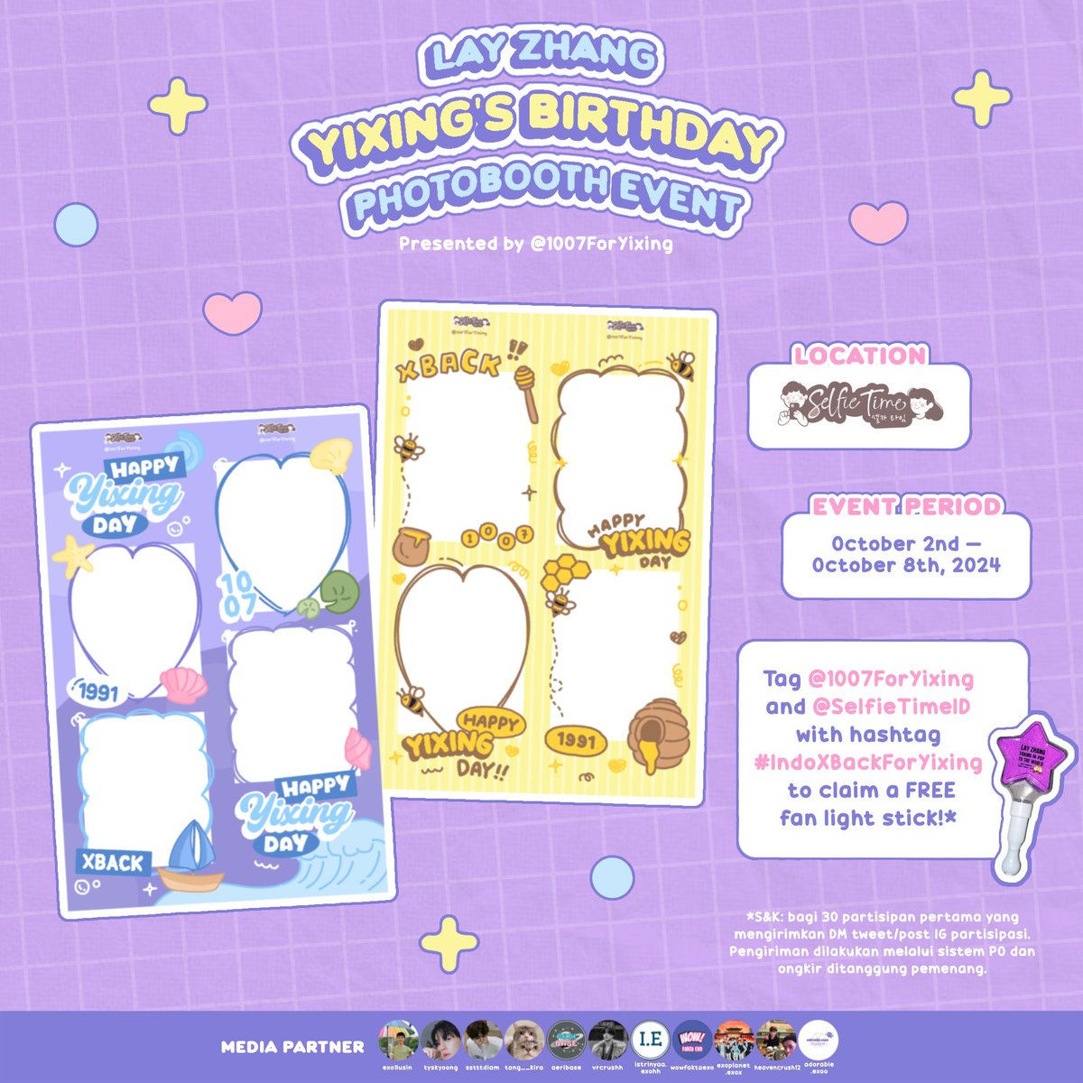 tang__kira's tweet photo. ──.𖹭📷✩ YIXING DAY PHOTOBOOTH EVENT
╰➤ by @1007ForYixing

🗓 October 2nd—October 8th, 2024
📍Selfie Time

Don't forget to tag @1007ForYixing and @SelfieTimeID @layzhang with hashtag #IndoXBackForYixing to claim a FREE* fan light stick!🌟

#LayZhang #ZhangYixing https://t.co/qrdmwasLid