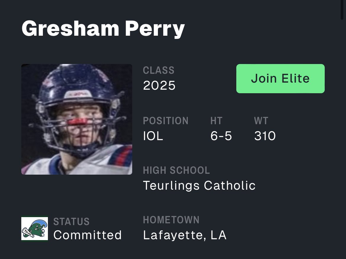 TULNrecruiting's tweet photo. Tulane’s C/O 2025 offensive lineman commit, Gresham Perry(@greshamperry76) has received a ratings upgrade on the @on3 website

The 6’5” 310 lbs, Lafayette product has received a 3⭐️ rating and an 87/100 grade

He is also now the #34 player in the state and #70 offensive lineman in the country 

🌊🧃