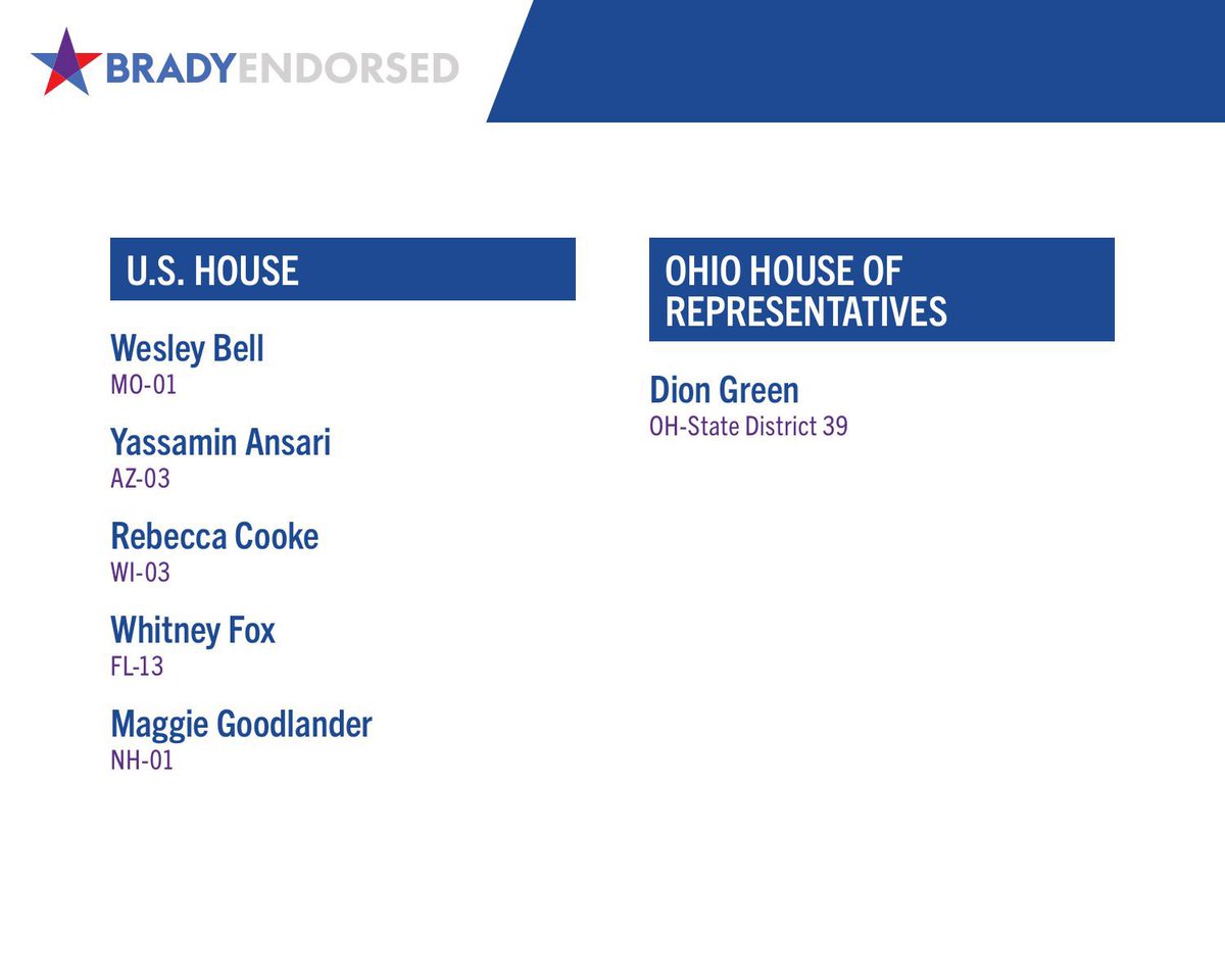 Brady_PAC's tweet photo. Today, we’re proud to endorse six leaders who are committed to protecting public safety and keeping our children safe. They include candidates for Congress and gun violence survivor @DionRGreen 

Vote for these champions this November and support their campaigns today! https://t.co/qNItIbCdE2
