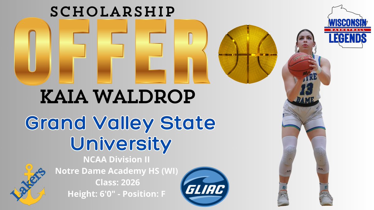 Wisconsin Legends (@wilegends) on Twitter photo 🚨OFFICIAL SCHOLARSHIP OFFER ALERT🚨Congrats to our NEW LEGEND <a href="/waldrop_kaia1/">kaia waldrop</a> earning a D2 Scholarship offer from <a href="/gvsuwbb/">GVSU Women's Basketball</a> 👏🥳THANK YOU Head Coach Mike Williams & staff💙🖤We appreciate you believing in our LEGENDS 🤟#BeALEGEND#LEGENDSLiveHERE 🚨OFFICIAL SCHOLARSHIP OFFER ALERT🚨Congrats to our NEW LEGEND <a href="/waldrop_kaia1/">kaia waldrop</a> earning a D2 Scholarship offer from <a href="/gvsuwbb/">GVSU Women's Basketball</a> 👏🥳THANK YOU Head Coach Mike Williams & staff💙🖤We appreciate you believing in our LEGENDS 🤟#BeALEGEND#LEGENDSLiveHERE