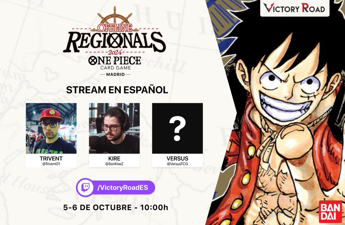 🏴‍☠️ [REGIONAL DE ONE PIECE] 🏴‍☠️

¡Tendremos stream en español de nuestro primer Campeonato Regional de One Piece TCG! 📺

Síguelo en directo a partir de este sábado 5 de octubre a las 10:00h 💥

🎙️ @Trivent01, <a href="/SonKireZ/">SonKire 🐒</a> &amp; <a href="/VersusTcg/">Versus TCG</a>
🟣 twitch.tv/victoryroades