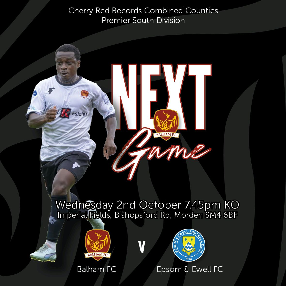 ⚽️ NEXT MATCH ⚽️

🗓️ Wednesday October 2nd
📍Imperial Fields
⏱️KO 7.45pm
🆚<a href="/EpsomEwellFC/">Epsom & Ewell Football Club</a>
<a href="/ComCoFL/">Combined Counties Football League</a> Premier South
🍺🍔Bar &amp; Kiosk open
🎟️Adult £8 // Concessions £5 // U18s go free!
See you there

#BFC✨🏆 #grassroots
<a href="/KeatingEstates/">Keating Estates</a>

<a href="/bigyellowss/">Big Yellow</a>
#71blue