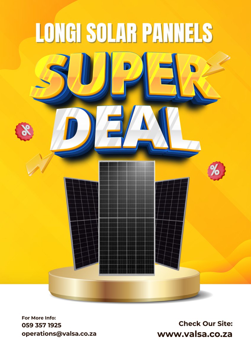 TradingValsa's tweet photo. 🌟 Limited-Time Offer on Longi Panels! 🌟

Don’t let this opportunity pass you by to invest in premium solar technology at fantastic prices. Reach out to us today at info@valsa.co.za for more details and to place your order!

#longipanels #solarenergy #specialoffer https://t.co/fzA7GGwKcL