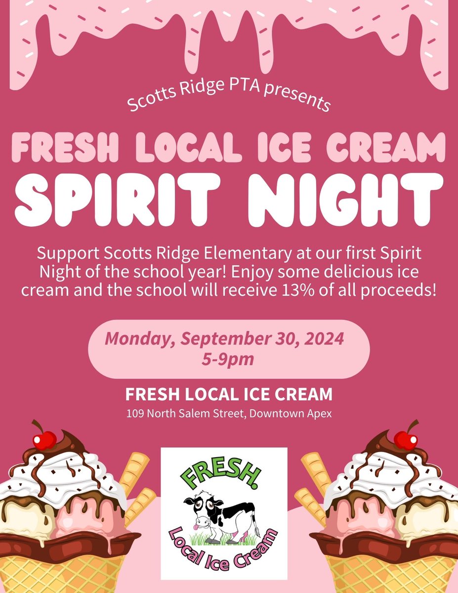 Sailor Families!! TONIGHT is the night! Our first Spirit Night of the school year is at FRESH. Local Ice Cream!!! Fresh will donate 13% of ALL purchases from 5-9pm, to Scotts Ridge. See y'all in downtown Apex this evening for the tastiest and freshest ice cream in town!