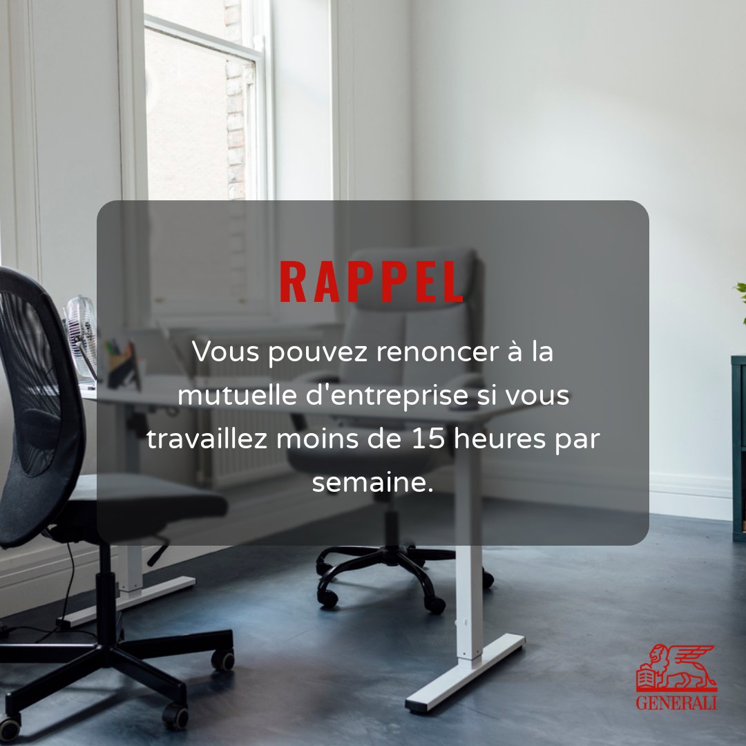 Generali04's tweet photo. Peut-on renoncer à la mutuelle d'entreprise ? La loi de 2016 sur la mutuelle d’entreprise obligatoire prévoit plusieurs dérogations, dont certaines ont été ajoutées récemment. Par exemple, si vous travaillez moins de 15 heures par semaine, vous pouvez refuser la mutuelle (1/2) https://t.co/Sin4AsFaPM