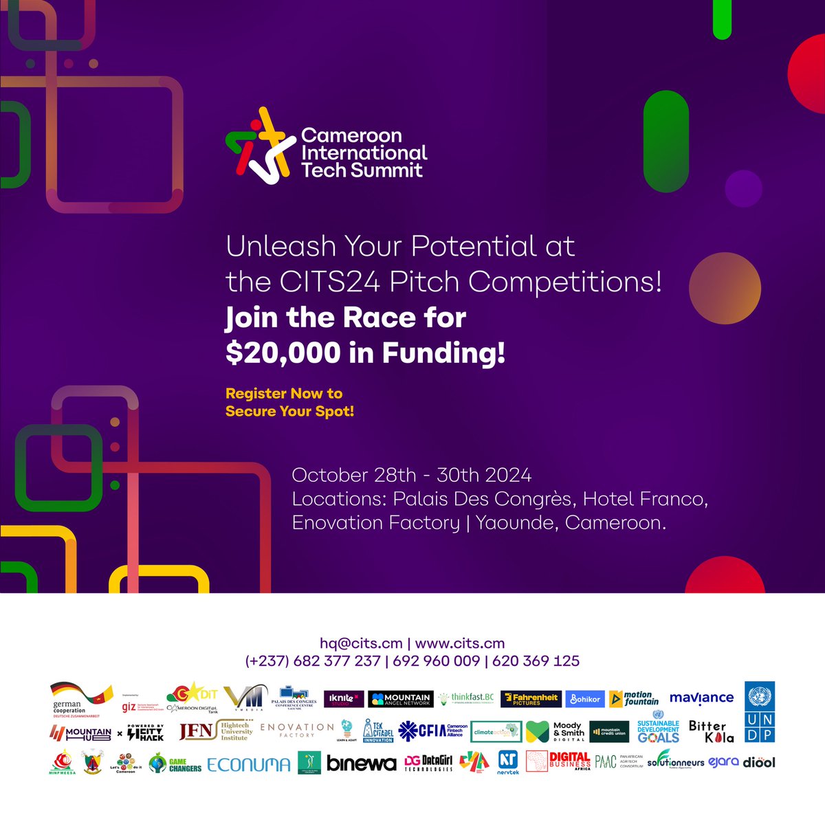 𝐂𝐈𝐓𝐒𝟐𝟒 𝐏𝐢𝐭𝐜𝐡 𝐂𝐨𝐦𝐩𝐞𝐭𝐢𝐭𝐢𝐨𝐧: 𝐖𝐢𝐧 $𝟏𝟎,𝟎𝟎𝟎 to fuel your startup journey! Present your innovative business idea to top investors and industry leaders.

Register: citscm.com/cits24-pitch-c…

#cits24 #pnudcameroun #mountainhub