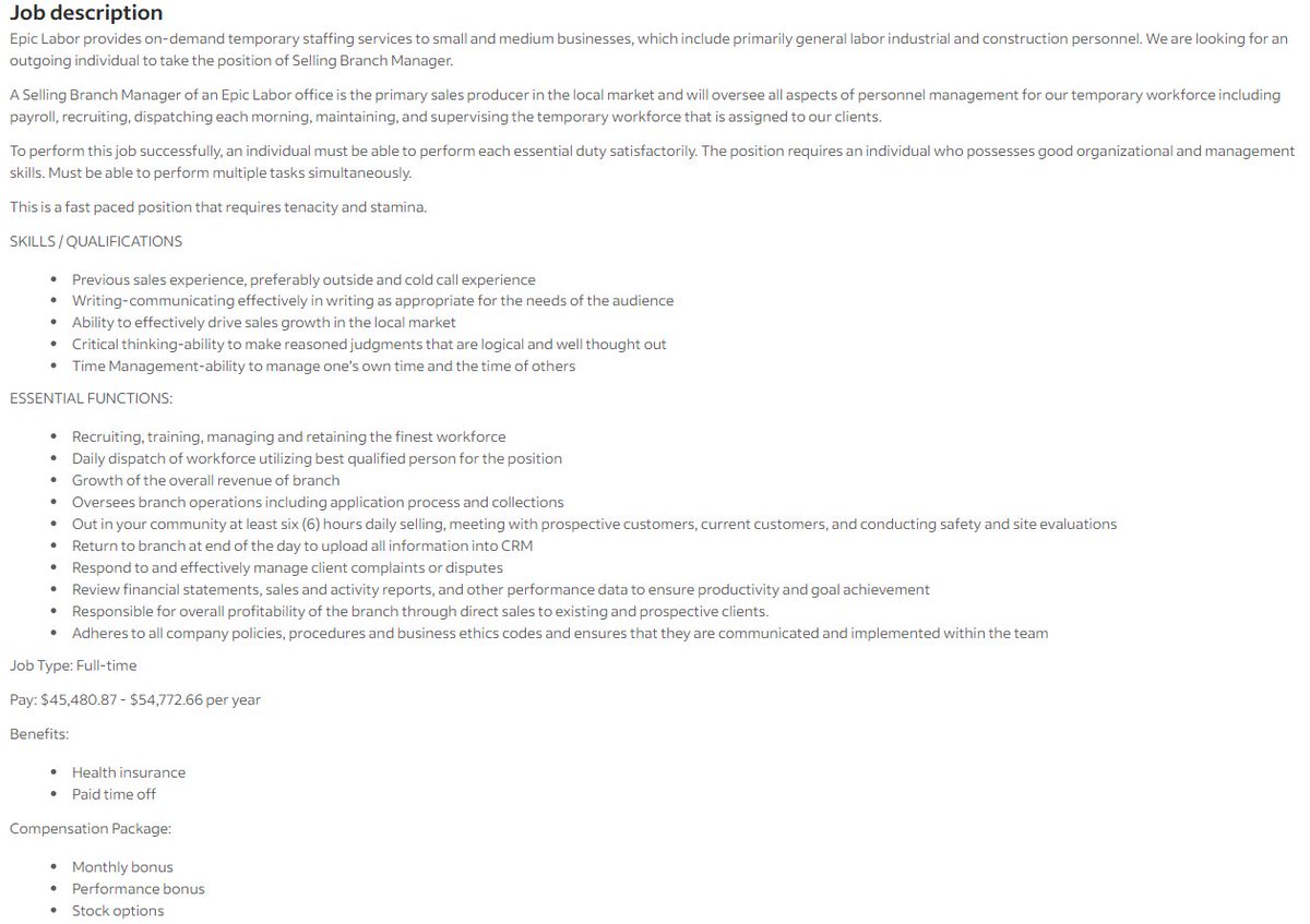 Epic Labor is hiring Selling Branch Managers. Job description below. Immediate need in #Augusta GA, #Lawrenceville GA, #Greenville SC, #Clarksville TN, and #Chattanooga TN. Salary + Bonus + Equity. Email CV to epiclaborjobs@gmail.com.