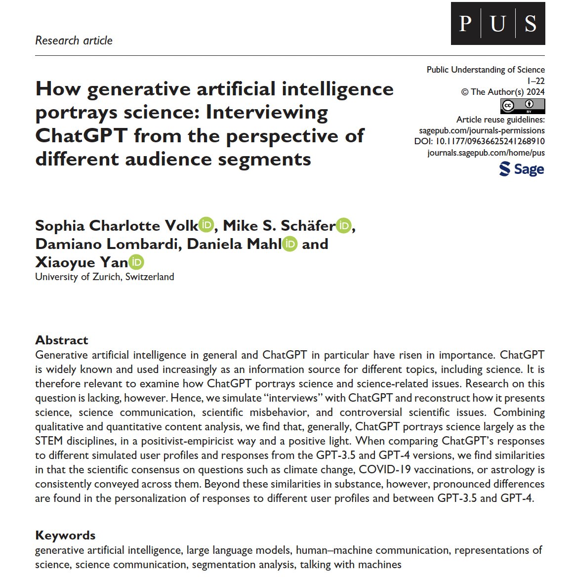 Sophia Charlotte Volk (@sophia_c_volk) on Twitter photo 📢 New publication in <a href="/SciPublic/">Pᴜʙʟɪᴄ Uɴᴅᴇʀsᴛᴀɴᴅɪɴɢ ᴏғ Sᴄɪᴇɴᴄᴇ 𝑱𝒐𝒖𝒓𝒏𝒂𝒍</a>🥳
doi.org/10.1177/096366…
We examine how #ChatGPT portrays science-related topics like #climate change, #vaccinations or the #replication crisis by conducting “simulated interviews” and combining #qualitative + #computational analyses. For more👇 📢 New publication in <a href="/SciPublic/">Pᴜʙʟɪᴄ Uɴᴅᴇʀsᴛᴀɴᴅɪɴɢ ᴏғ Sᴄɪᴇɴᴄᴇ 𝑱𝒐𝒖𝒓𝒏𝒂𝒍</a>🥳
doi.org/10.1177/096366…
We examine how #ChatGPT portrays science-related topics like #climate change, #vaccinations or the #replication crisis by conducting “simulated interviews” and combining #qualitative + #computational analyses. For more👇
