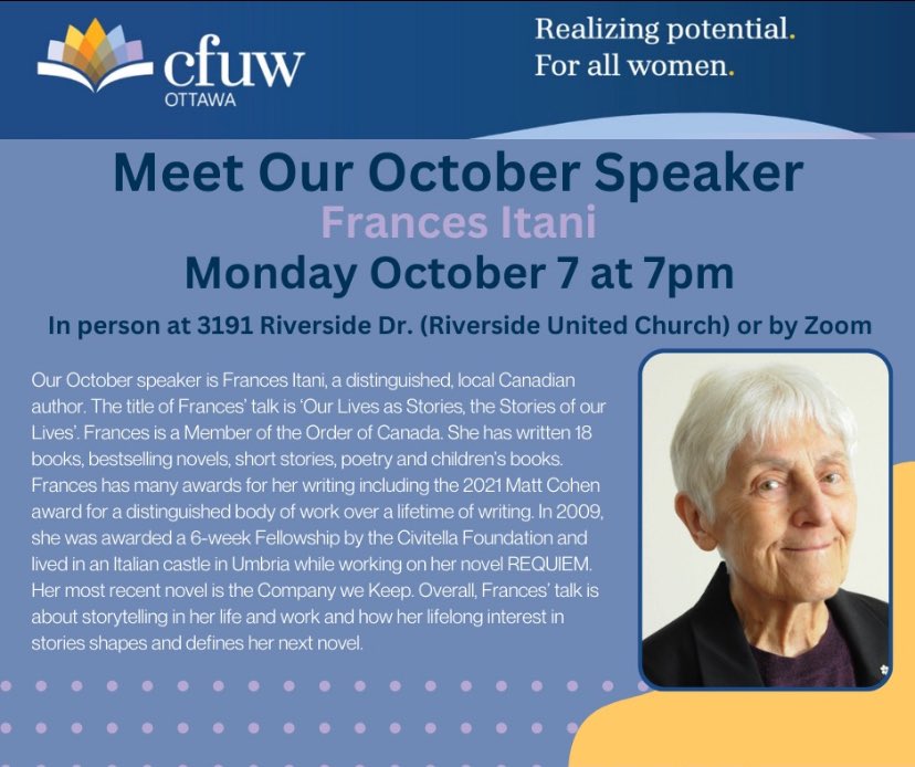 CFUWOttawaClub's tweet photo. Our first Speaker’s Series happens next Monday, October 7. Register in advance 😀. https://t.co/TlK0GOXij6