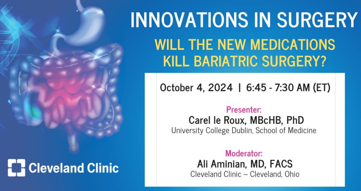 Rita Rys (@ritarys1) on Twitter photo Tune in to <a href="/CleClinicMD/">Cleveland Clinic MD</a> <a href="/CleveClinicFL/">Cleveland Clinic Florida</a> <a href="/UCDMedicine/">UCD Medicine</a> #InnovationsInSurgery on
10/4/24, to hear <a href="/Ali_Aminian_MD/">Ali Aminian</a> and <a href="/carel_leroux/">Carel Le Roux</a> discuss, “Will the New Medications Kill Bariatric Surgery?". bit.ly/surgeinnovatio… pwd is innovations @Swexner
<a href="/RaulRosenthalMD/">Rosenthal</a> <a href="/MRegueiroMD/">Miguel Regueiro</a> Tune in to <a href="/CleClinicMD/">Cleveland Clinic MD</a> <a href="/CleveClinicFL/">Cleveland Clinic Florida</a> <a href="/UCDMedicine/">UCD Medicine</a> #InnovationsInSurgery on
10/4/24, to hear <a href="/Ali_Aminian_MD/">Ali Aminian</a> and <a href="/carel_leroux/">Carel Le Roux</a> discuss, “Will the New Medications Kill Bariatric Surgery?". bit.ly/surgeinnovatio… pwd is innovations @Swexner
<a href="/RaulRosenthalMD/">Rosenthal</a> <a href="/MRegueiroMD/">Miguel Regueiro</a>