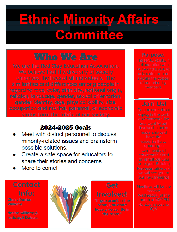 RedClayEA's tweet photo. Did you know that your Red Clay Education Association houses sub-committees that advocate for specific areas of our work life? We do! Here is just one of many, and Denise would be thrilled if you joined her. #BeInTheRoom #UnionStrong #RCEA https://t.co/iycWVowOPs