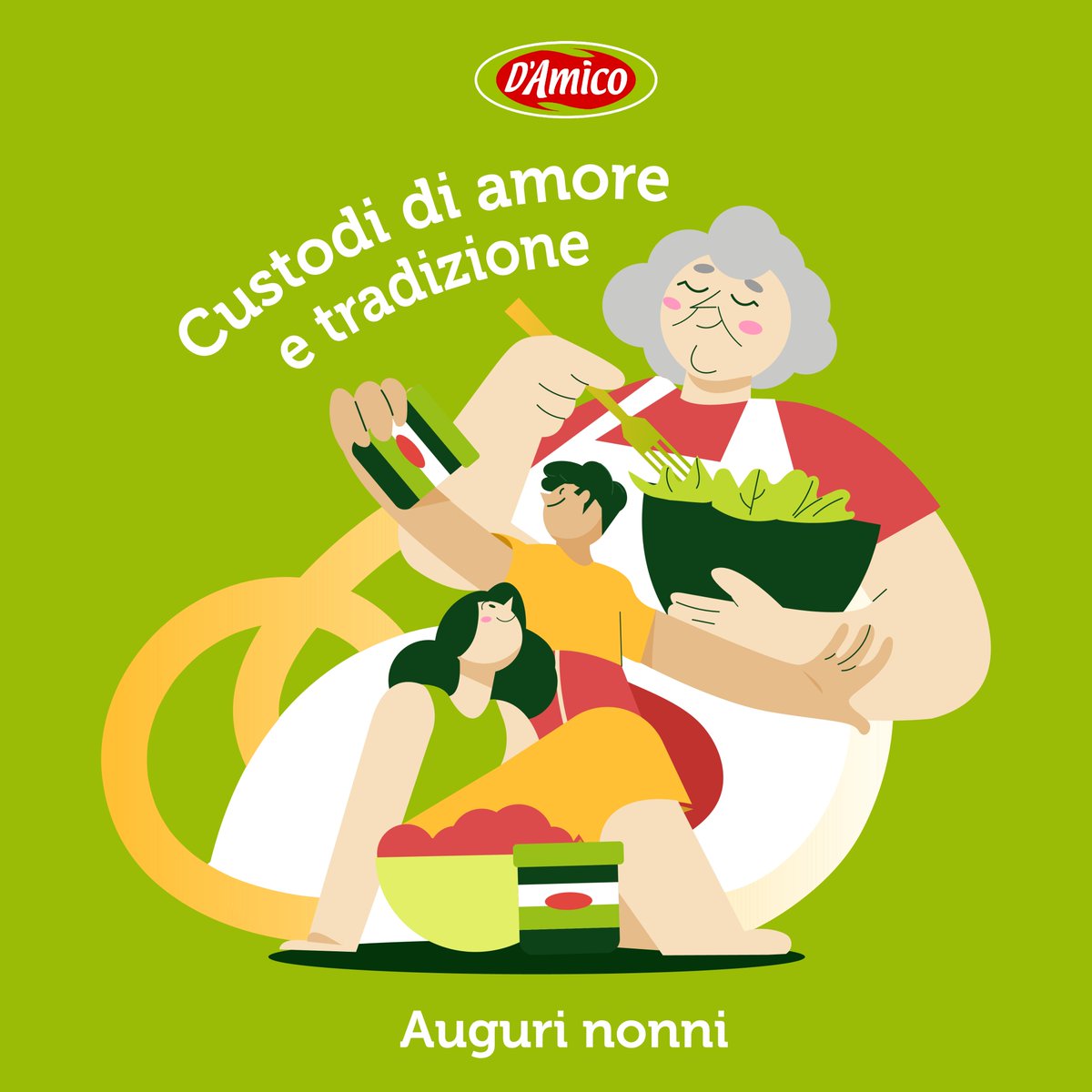 Ci sono sapori che raccontano storie, profumi che ci riportano indietro nel tempo, a quelle tavole preparate con amore.

Auguri a voi #Nonni, che avete sempre una ricetta pronta per farci sentire felici. 💚

Buona #FestaDeiNonni 👵👴

-
#DAmico #VerdeDAmico #TiPuoiFidare