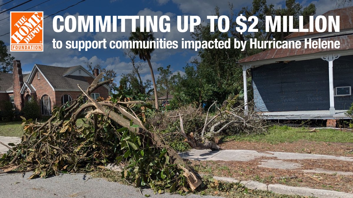 Our thoughts are with everyone impacted by Hurricane #Helene. We are committing up to $2 million to support immediate disaster relief efforts in affected communities: thd.co/helenerelief