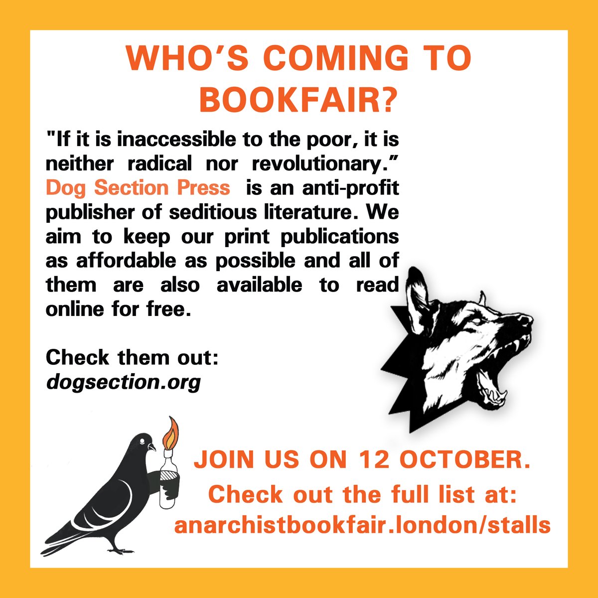 11 Days to Bookfair!

Getting close now, we're on two meetings a week and trying to squeeze what we can into a packed line up of stalls, workshop, lit. and music.

Featured Stall: <a href="/dogsectionpress/">Dog Section Press</a>