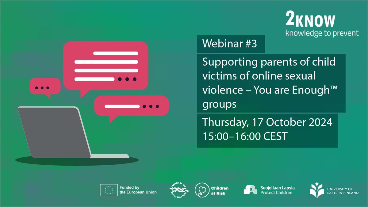HannaLahtinen2's tweet image. Tule mukaan seuraavaan #2KNOW projektin webinaariin! Webinaarissa esitellään tuloksia Sinä Riität™-vertaistukiryhmästä, joka on suunnattu vanhemmille ja huoltajille, joiden lapset ovat joutuneet seksuaaliväkivallan kohteiksi verkossa. 

Ilmoittautuminen: lnkd.in/d5bXmX_v