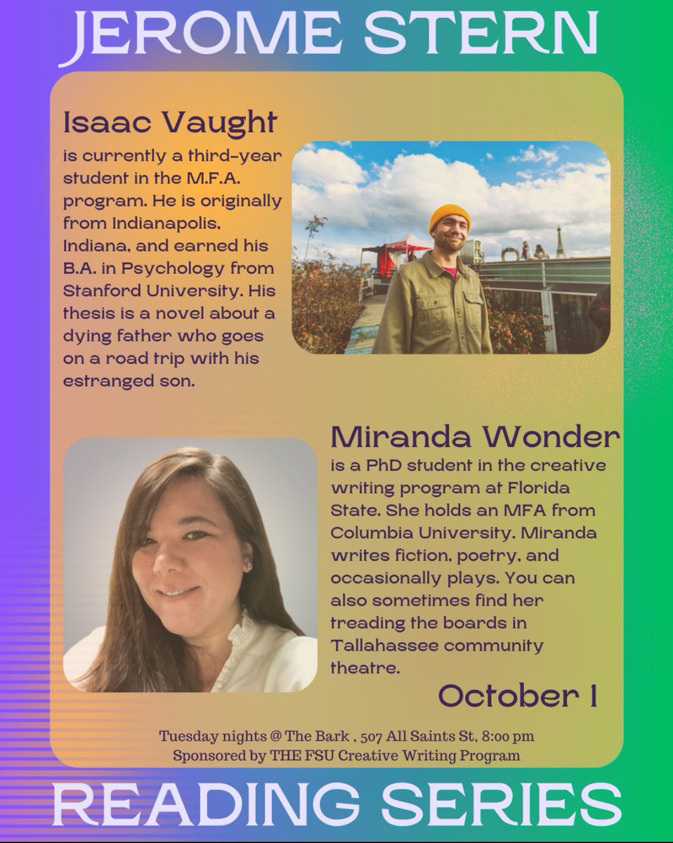 We’re fortunate to be able to continue our Jerome Stern series this week, featuring graduate students Isaac Vaught and Miranda Wonder! See you at The Bark tomorrow at 8pm.
