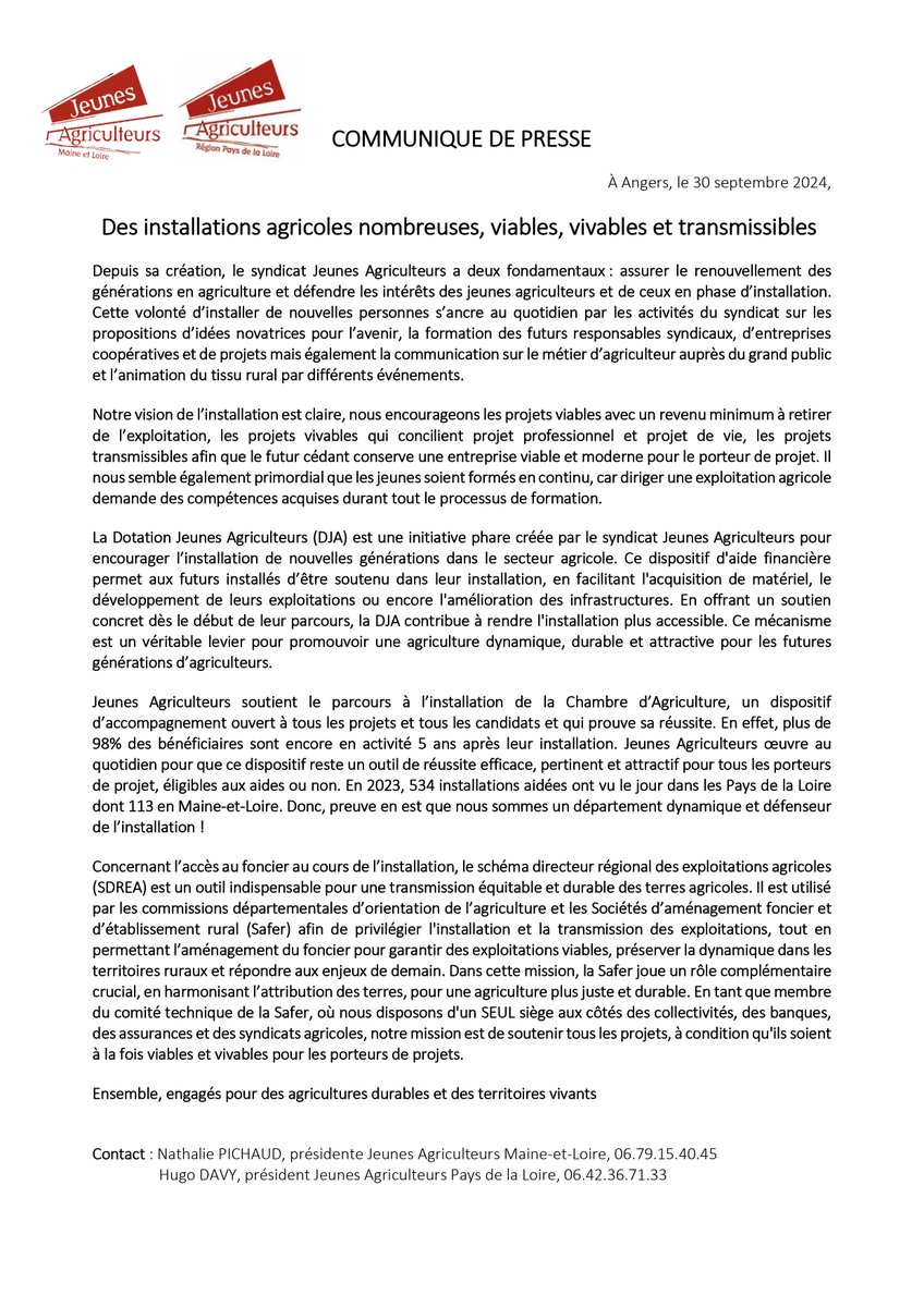 ‼️ [Communiqué de presse] 📢
L'objectif principal de JA reste toujours d’encourager des installations agricoles nombreuses, viables, vivables et transmissibles ! 🚜✨🌾
<a href="/JApaysdelaloire/">Jeunes Agriculteurs Pays de la Loire (JA PdL)</a>