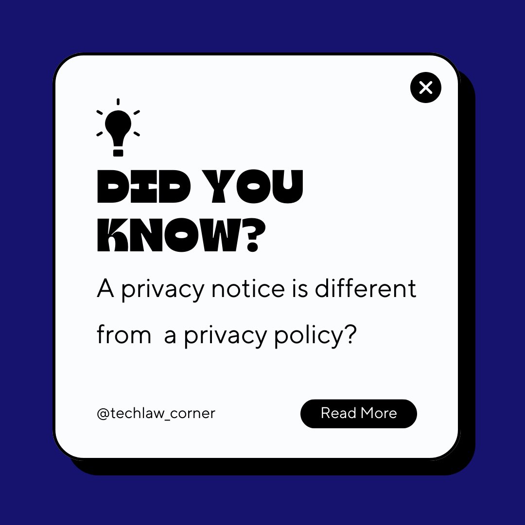 TechLaw_Corner's tweet photo. Often times, the terms “Privacy Policy” and “Privacy Notice” are wrongly used interchangeably. In today’s post, we highlight the difference between these terms. Please read the thread to learn more.
🧵👩‍💻🧑‍💻 https://t.co/hepS00BnzS