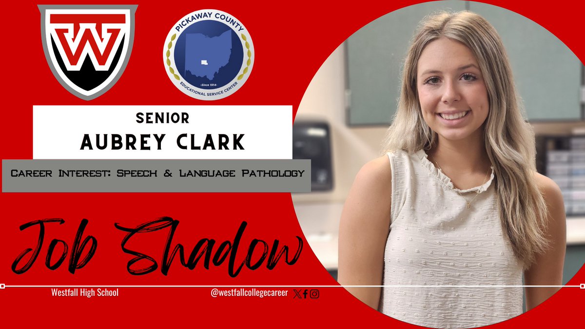 Senior Aubrey Clark is motivated on this Monday morning to explore careers for her future!  Aubrey is job shadowing with our elementary speech and language pathologist, Mrs. Julie Wolfe.   Today Aubrey will work with 1st-5th graders.  We're excited to hear about her experience!