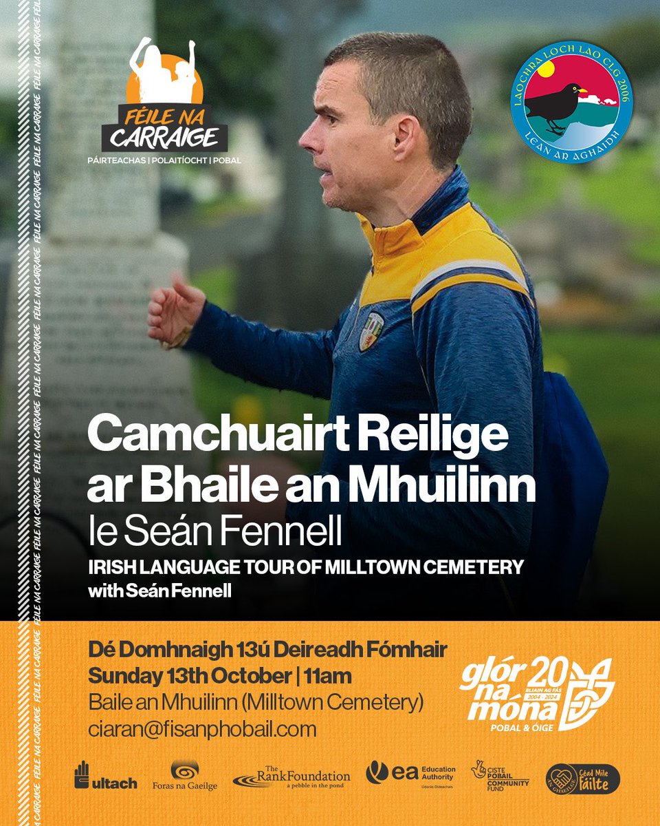 Glór na Móna (@glornamona) on Twitter photo 🪦🚶♀️🤩 Camchuairt trí Ghaeilge le Seán Fennell🪦🚶♀️🤩
Cemetery tour through Irish with Seán Fennell - suitable for leaners!
🗓️11am, 13/10/24
📍Baile an Mhuilinn | Milltown Cemetery
📧Cláraigh le ciaran@fisanphobail.com
Bígí linn!
#Páirteachas #Polaitíocht #Pobal 🪦🚶♀️🤩 Camchuairt trí Ghaeilge le Seán Fennell🪦🚶♀️🤩
Cemetery tour through Irish with Seán Fennell - suitable for leaners!
🗓️11am, 13/10/24
📍Baile an Mhuilinn | Milltown Cemetery
📧Cláraigh le ciaran@fisanphobail.com
Bígí linn!
#Páirteachas #Polaitíocht #Pobal