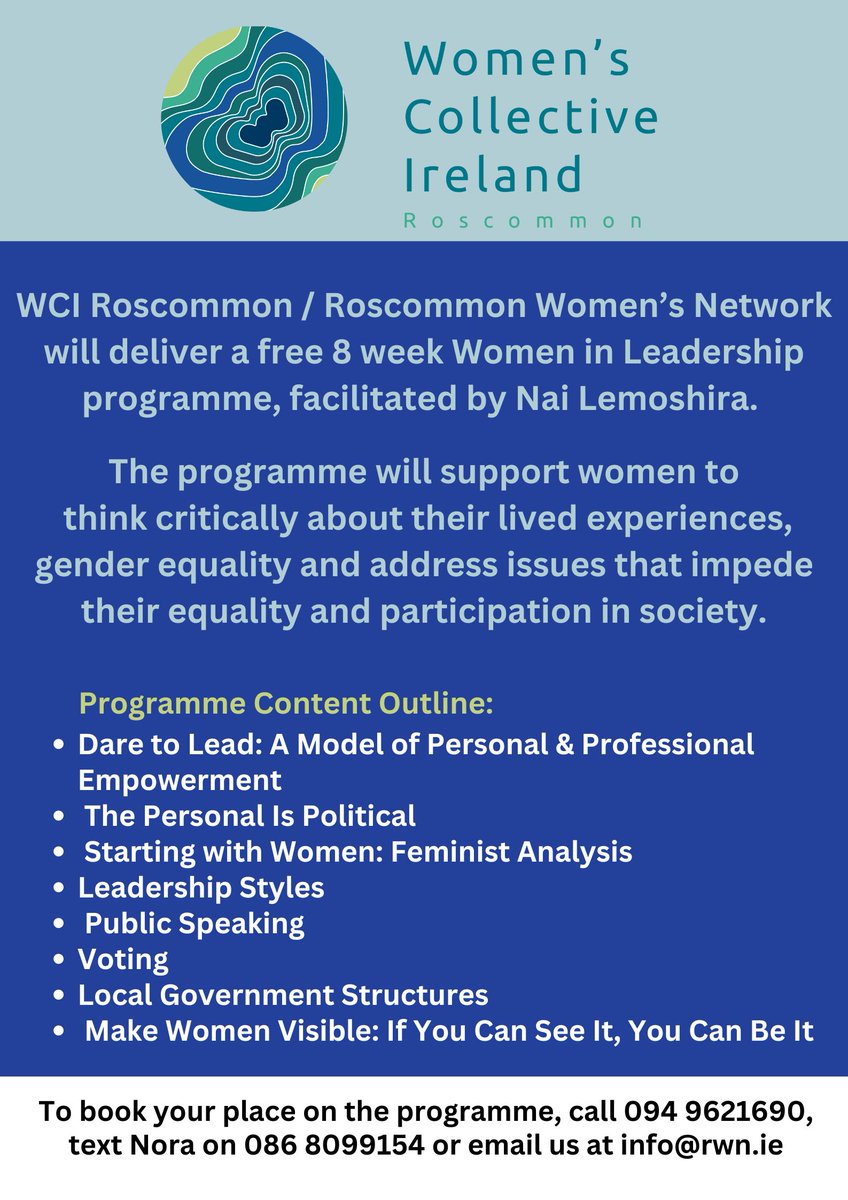 Roscommon Women's Network (@rwn_roscommon) on Twitter photo Free 8 week part-time course starting Wednesday, the 9th of October in Monksland community centre. Women of all backgrounds and life experience welcome. Get in touch to book your place. <a href="/roscommoncoco/">Roscommon County Council</a> <a href="/WCI_irl/">Women's Collective Ireland</a> <a href="/wci_roscommon/">WCI_roscommon</a> Free 8 week part-time course starting Wednesday, the 9th of October in Monksland community centre. Women of all backgrounds and life experience welcome. Get in touch to book your place. <a href="/roscommoncoco/">Roscommon County Council</a> <a href="/WCI_irl/">Women's Collective Ireland</a> <a href="/wci_roscommon/">WCI_roscommon</a>