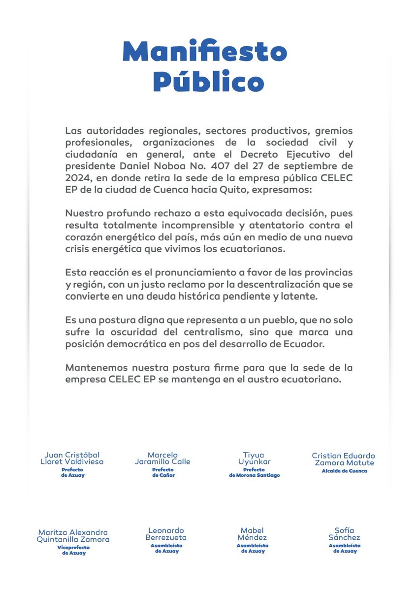 LeoBerrezueta's tweet photo. #Azuay se manifiesta enérgicamente ante la equivocada decisión del Gobierno de sacar de #Cuenca la sede de la @CELECEPOficial. Nos mantendremos unidos y vigilantes ante la arremetida del centralismo.

#NoAlCentralismo https://t.co/TcsYqy0vxZ