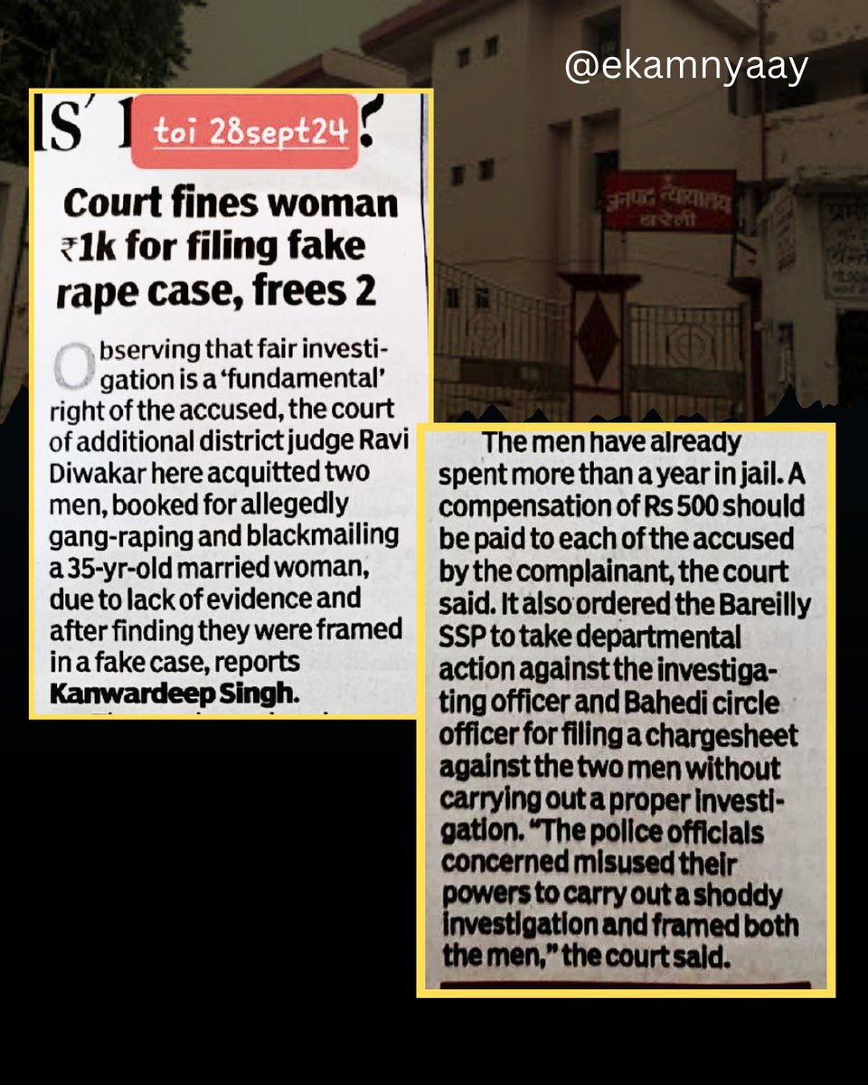 ekamnyaay's tweet photo. In a ruling, ADJ Ravi Diwakar emphasized that fair investigation is fundamental right of accused. 
Court acquitted two men accused of gang raping and blackmailing a 35yr old woman, citing lack of evidence! He found the men had been framed in a fabricated case! 

#rape #FalseCase https://t.co/b2sec4GCS3