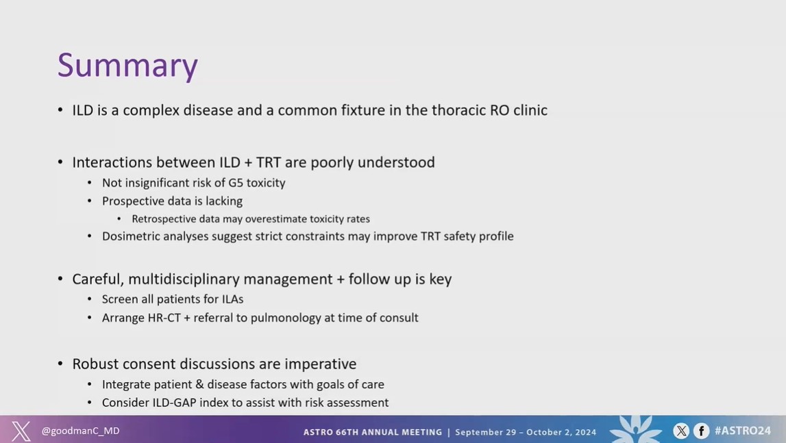Gerry Hanna (@gerryhanna) on Twitter photo Superb talk by <a href="/goodmanC_MD/">Chris Goodman</a> on lung RT in patients with ILD/IPF @ #ASTRO24
➡️complex disease
➡️Interactions between ILD+TRT poorly understood
➡️Screen all patients for ILAs
➡️Consider ILD-GAP index to assist with risk assessment
➡️Robust consent discussions imperative Superb talk by <a href="/goodmanC_MD/">Chris Goodman</a> on lung RT in patients with ILD/IPF @ #ASTRO24
➡️complex disease
➡️Interactions between ILD+TRT poorly understood
➡️Screen all patients for ILAs
➡️Consider ILD-GAP index to assist with risk assessment
➡️Robust consent discussions imperative