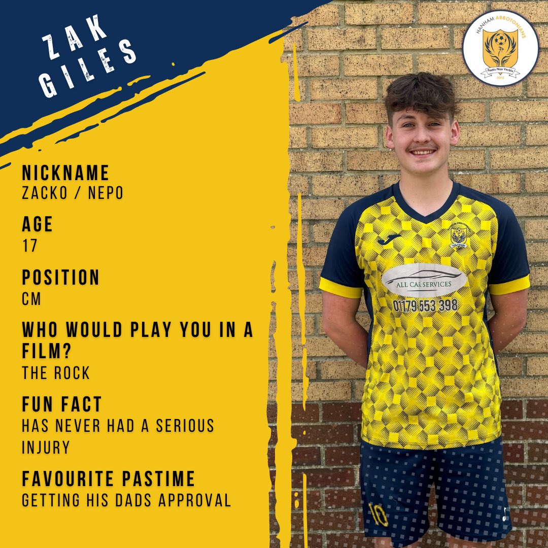 PLAYER PROFILE 🖋️

Zak Giles, 17

When not following his Dad like a lost puppy, he’s banging in worldies!

Coming through the youth ranks, Zak is a big part of how we play, and an asset to the team. A very bright future

#playerprofile #daddysboy #yellows

instagram.com/p/DAil8FvIMRn/