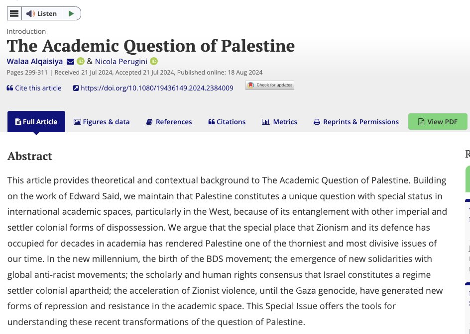 PeruginiNic's tweet photo. "The Academic Question of Palestine," the full special issue of @MidEastCritique  I co-edited with @walqaisiya is finally out. List of contributors and links in the MEC thread. 
https://t.co/bz4f4hmwY1 https://t.co/sXQk9Kh2ez