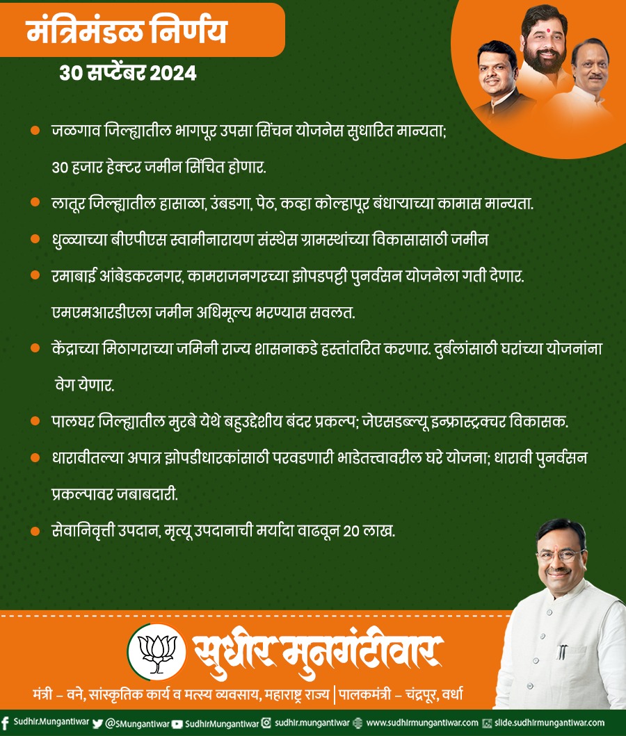 SMungantiwar's tweet image. मंत्रिमंडळ निर्णय
३० सप्टेंबर २०२४
#CabinetDecision #Maharashtra #Devlopment #SMUpdate