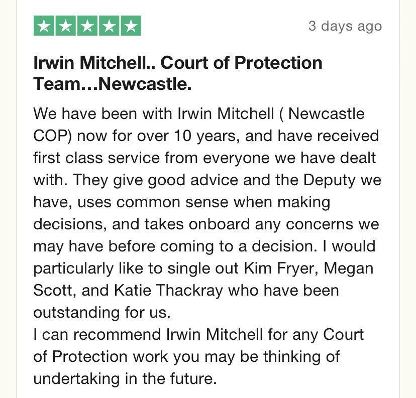 🌟 5* Trust Pilot Review 🌟

Such lovely feedback from the father of a long-standing <a href="/irwinmitchell/">Irwin Mitchell</a> CoP Newcastle client.

What a fantastic start to the new working week 🙌