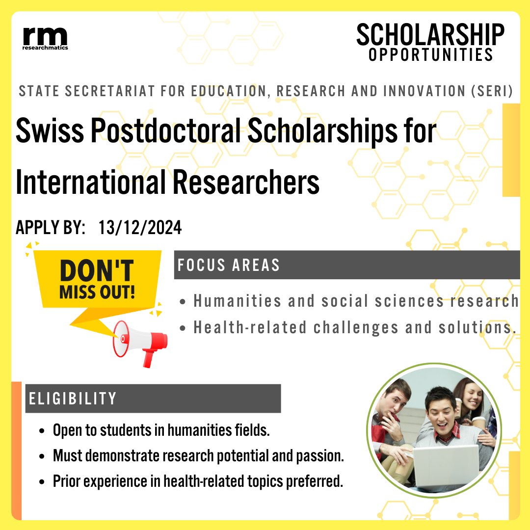 research_matics's tweet photo. Calling all postdoctoral researchers! The Swiss Government Excellence Scholarships are now open!
#Postdoc #ResearchOpportunity #SERI #SwissScholarships
#Science #Research 
MORE INFO:
https://t.co/IinjS3b38F https://t.co/K464tVp0Ko