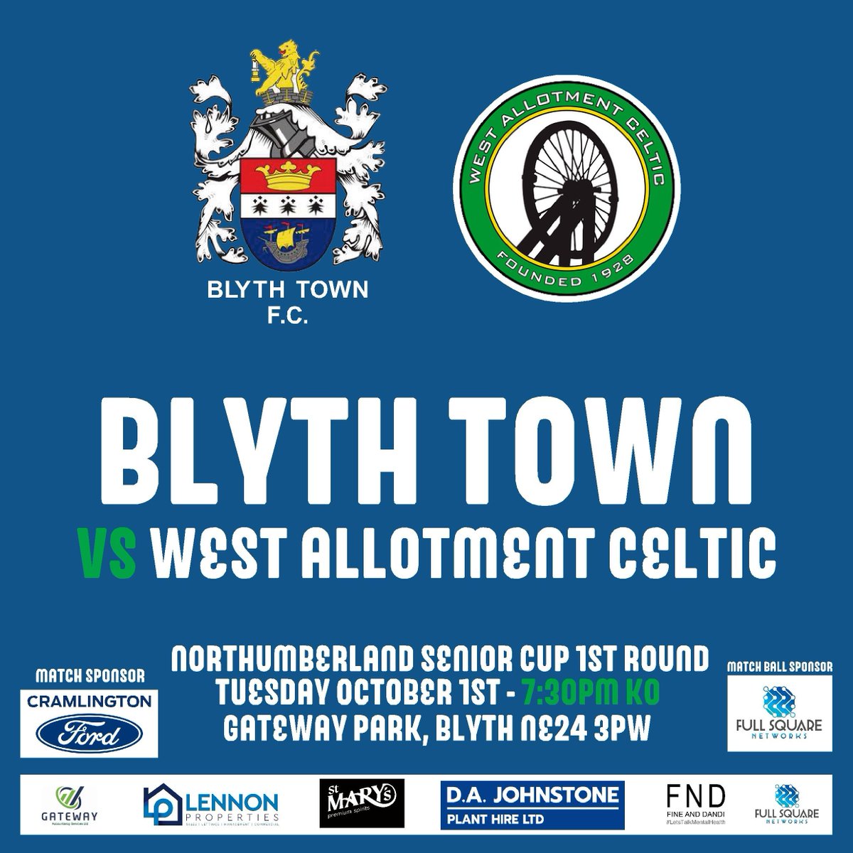 Blyth_TownFC's tweet photo. 𝙉𝙀𝙓𝙏 𝙐𝙋

We welcome @wacfc for a game under the lights in the 1st round of the Northumberland Senior Cup

🗓 Tue 1st Oct
🕗 7:30pm
🏆 N/land Senior Cup 1st Rnd
🏟 Gateway Park, NE24 3PW
🎫 £7 | £4

Matchday sponsor Cramlington Ford
Match ball sponsor Full Square Networks https://t.co/584hldy6m4