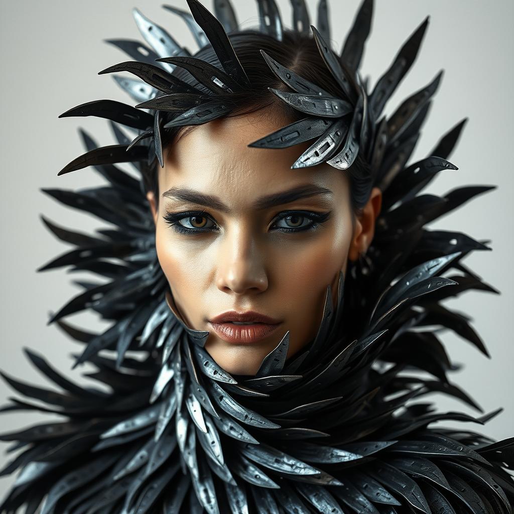 Zane_Twi's tweet image. Step into the dark and edgy world of intricate minimalism with this stunning costume adorned with metal blades. #TextureCollage #FashionArt