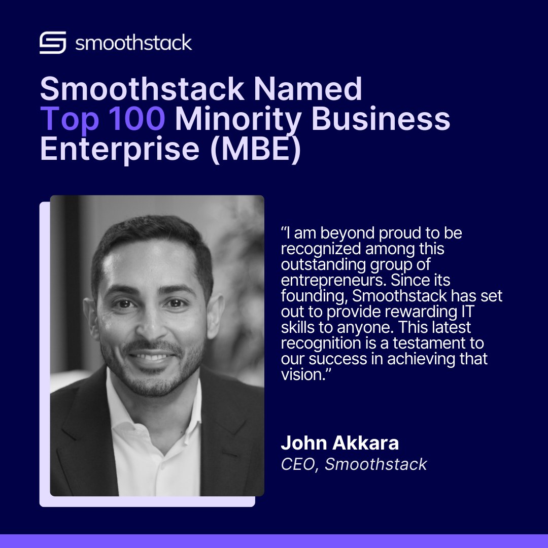 Smoothstack's tweet image. Excited to announce our CEO, John Akkara, has won the 2024 Top 100 MBE® Award by CRMSDC! Proud of the recognition and our amazing team! 🎉 #MBEAwards #Smoothstack #DiversityInBusiness #TechTalent