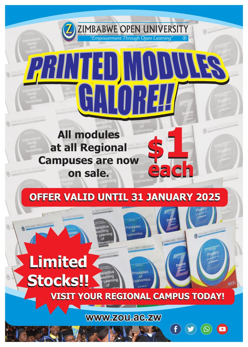 ZOULibrary's tweet photo. Boost your studies! Get instant access to ZOU modules @$1.00 each. Offer Valid until 31 January 2025 and or while stocks last. https://t.co/CczXC8UUtu