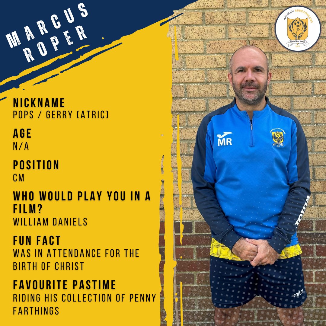 PLAYER PROFILE 🖋️

Marcus Roper, 286

The senior member of the team, but he’s also the fittest, leading by example. 

Need someone man marked? He’s your man. Want to know how to create a cave drawing, he’s also your man 👴🏻

#playerprofile #oap #yellows

instagram.com/p/DAimbAzoSix/