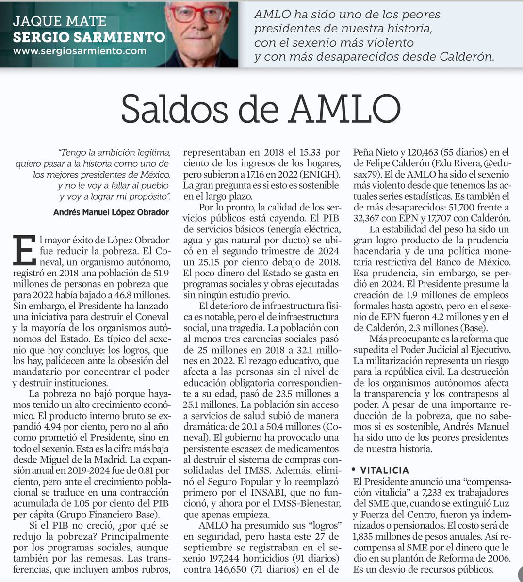 JLozanoA's tweet photo. ⚠️ “Andres Manuel has sido uno de los peores presidentes de la historia”. Y acompaña su afirmación @SergioSarmiento en @Reforma con datos duros (no con “otros datos”).

#HastaNuncaNarcoDictador https://t.co/Q59A90rxUr