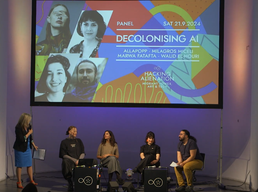 disruptberlin's tweet photo. "What if these tools [AI] were created for the very purpose of colonisation, mass slaughter and mass destruction?" @marwasf, allapopp, @MilagrosMiceli &amp; @houriwalid discuss the #decolonisation of #AI. 

Watch the panel at https://t.co/bnA65TxXNH.

#HackingAlienation #DNL33 https://t.co/EJGEUd3bw6