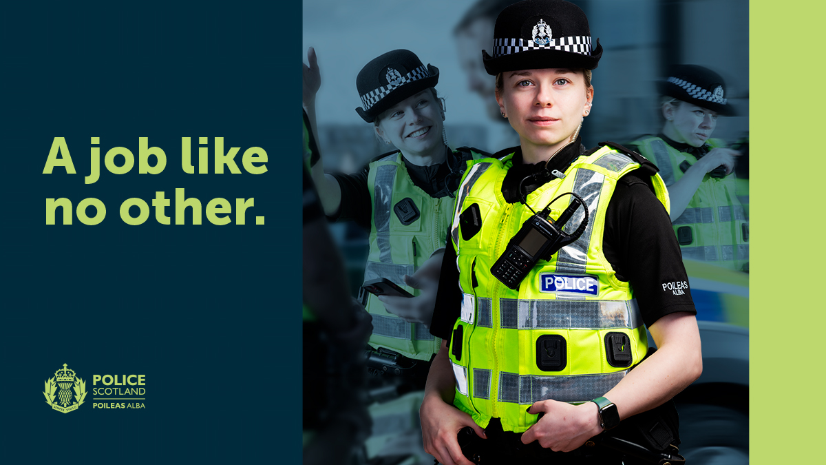 Police Scotland is recruiting police officers to support our urban, rural and remote communities 👮‍♀️ 

Our officers come from all walks of life, bringing diverse skills and passions. 

If you’re looking for a #AJobLikeNoOther, visit ➡ orlo.uk/F1DO1